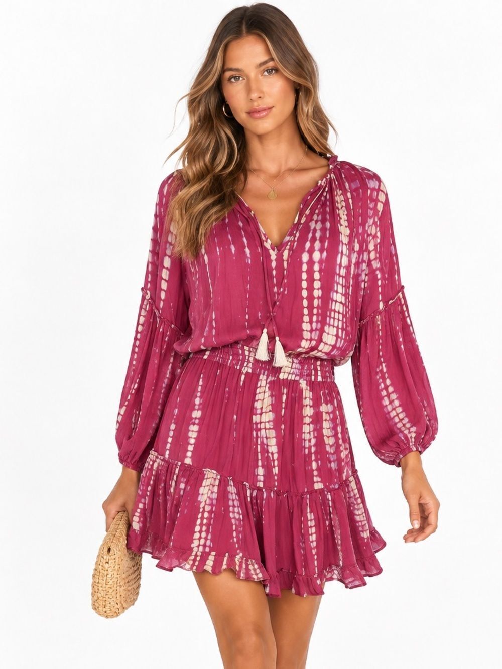 NATALIE MARTIN Magenta Tie-Dye Long Sleeve Tiered Mini Dress Size S